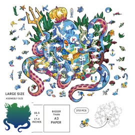 KUTA Wooden Jigsaw Puzzles, Unique Animal Shape, Set with Wall Mounting Kits for Decoration, Best Gift for Children and Adults (Octopus XL)