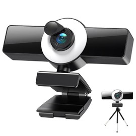 GKI 2K Webcam with Ring Light for Streaming, 2 Noise-Canceling Mics Web camera with Privacy Cover and Tripod, 120°FOV, Auto-focus, Works with Zoom/Teams/Skype for Conferencing and Video Calling.