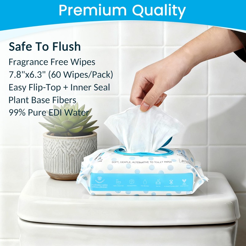 WONDERFUL Flushable Butt Wipes, Unscented 100% Plant-Based Wet Wipes for