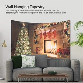 Christmas Rug, Shiny Wall Hanging, Christmas Tree, Fireplace, Christmas Stocking Blanket, 59 x 51 Inches, Colourful Tapestry, Christmas Wall Decoration for Party, Living Room, Bedroom, Dorm