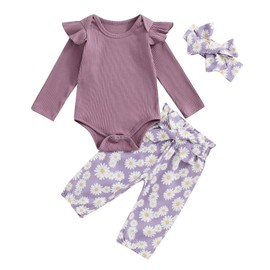 Geagodelia Newborn Baby Girl Spring Fall Outfit Clothes Long Sleeve Ribbed Romper Top Daisy Floral Trouser Headband Set (Purple, 0-3 Months)