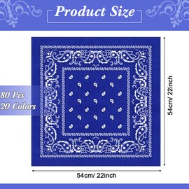 80 Pack Paisley Bandana in Bulk for Men Women, Neon Bandanas Cowboy Scarf Funny Party Hats Retro Head Wrapnecktie Handkerchief Pirate Headband Polyester One-sided Print Fadeless Face Cover, 20 Colors