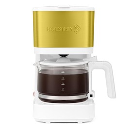 Holstein Housewares 5-Cup Coffee Maker - Pause N Serve, One-Touch Operation, Non-Stick Warming Plate, Water Level Indicator - Reusable Filter - Compact Design - White and Gold Color