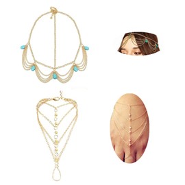 HUUiWAA 2 Pack Turquoise Headband Gold Layered Tassel Head Chain Finger Ring Bracelet Gypsy Hair Chain Festival Wedding Headpieces Decorative Headdress