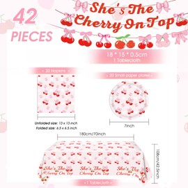 43PCS Cherry Party Decorations She's The Cherry On Top Theme Banner and Pink Bow Cherry Tablecloth Cherries Bows Disposable Napkin Plates for Birthday Baby Shower Wedding Bridal Shower