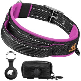 DAGANXI Dog Collar Adjustable Soft Neoprene Padded Breathable Reflective Strip Nylon Collar for Small Medium Large Dogs, with Airtags Case and Dog Poop Bags Dispenser (Large, Black/Pink)