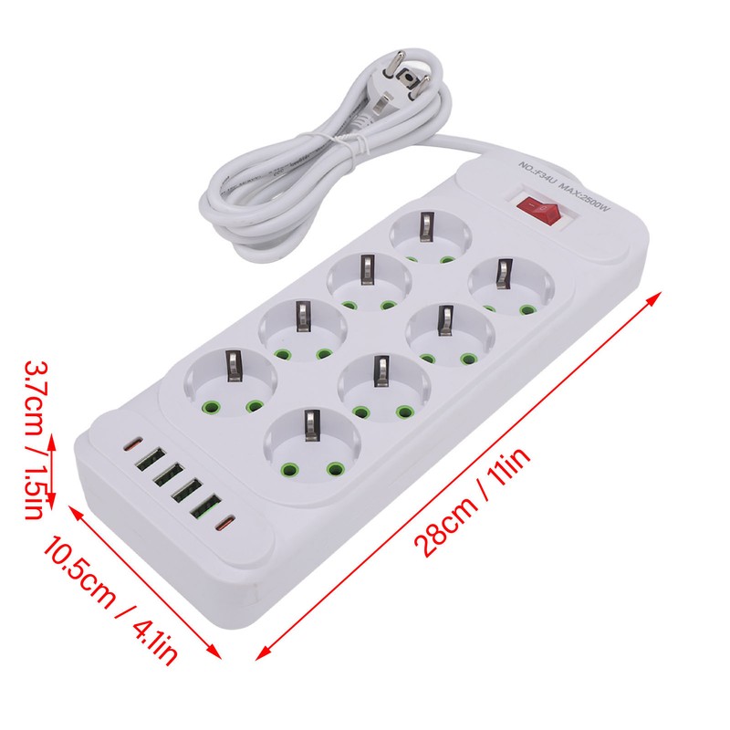 8 Way Power Strip USB C European Socket Desk Wall