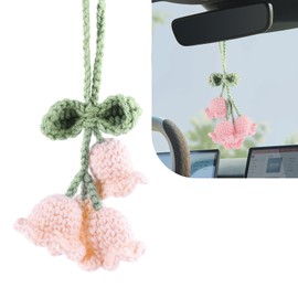 Ferianl Cute Lily of the Valley Car Rear View Mirror Hanging, Funny Car Interior Rear View Mirror Charm, Hand-woven Flower Pendant, Automotive Decorations Interior for Women Teen Girl (Pink)
