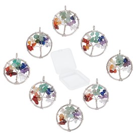 SUNNYCLUE 8Pcs Tree of Life Quartz Crystal Gemstone Flat Round with Tree of Life Charm Charms Findings Hole for Jewelry Bracelet Chakra Necklace Making, Sliver