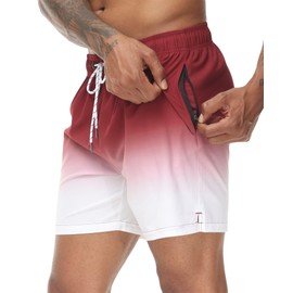 Tyhengta Men's Swim Trunks Gradient Color Quick Dry Beach Shorts with Zipper Pockets and Mesh Lining, Dk23067-red, 34