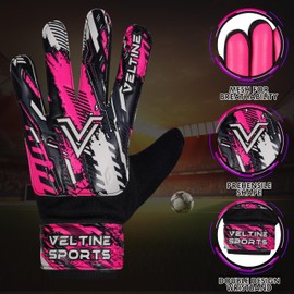 Veltine Sports Soccer Goalie Gloves for Kids Youth Junior Boys Funky Football Goalkeeper Gloves with Double Wrist Protection (Pink, Size 3 Suitable for 5-6 Years)