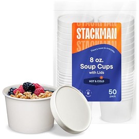 Stack Man [8 onzas - 50 juegos] Recipiente de papel para alimentos con tapa, tazas aisladas con tapas ventiladas, taza de sopa caliente o fría para llevar, para sopas, helado y yogur, ecológico