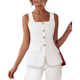 BTFBM Womens Sleeveless Suit Vests Dressy Casual Square Neck Business Work Waistcoat Summer Button Up Blazer Vest Tops(White, XX-Large)