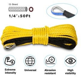 TSUGAMI Synthetic Winch Rope, 1/4'' x 50ft 7700LBS Car String Line Cable with Protective Sleeve, Towing Recovery Winch Line Rope Replacement Accessories, Universal for ATV UTV Offroad (Yellow)