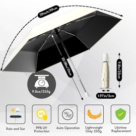 Moorrlii Automatic Mini Travel Windproof Folding Umbrella - UV Protection, Instant Open/Close for Rain/Sun, Small Compact Lightweight Design Fits in Tote Bag/Travel Case/Backpack for Commute, Women