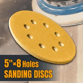 POWERTEC 100 PCS 150 Grit - 5 Inch 8 Hole Hook and Loop Sanding Discs, 5" Sanding Pads for Automotive, Drywall, Woodworking with Orbital Sander, Air, and DA Sander (44015G-50-P2)