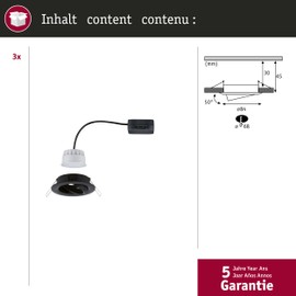 Paulmann 94472 Nova LED recessed luminaire 3-piece set Coin swivelling warm white 3-step dim round incl. 3x6.5 watt dimmable recessed spotlight black matt spot aluminium recessed lamp 2700 K Coin