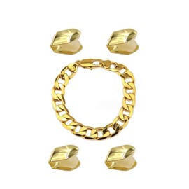 4 Pcs Gold Plated Gold Tooth Cap and Cuban Link Bracelet for Men Hip Hop Teeth Accessories Plain Single Tooth Cap for Teeth Mouth Realistic Fake Teeth Grills for Party Open Face Front Tooth Caps
