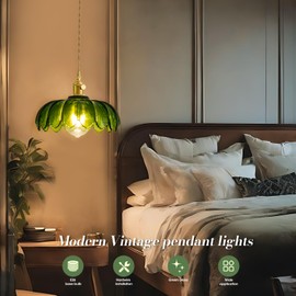 Beser·Win Plug in Pendant Light, Hanging Lights with Plug in Cord, Hanging Light Fixture with Green Glass, E26 Pendant Lighting for Kitchen Island, Bedroom, Dining Room, Living Room