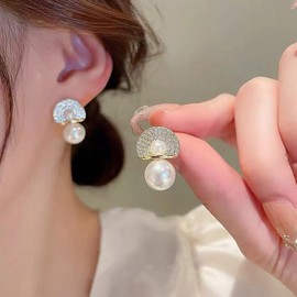 White Pearl Earring Pearl Drop Earrings Diamond CZ Stud Earrings Vintage Pearl Dangly Earrings Wedding Jewelry for Women and Girls