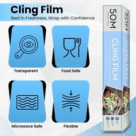 NCS35® Cling Film 3 Packs x 50M Roll Catering Pack Premium Kitchen Cling Film for Wrapping, Grilling, BBQ & Cooking Durable Plastic Wrap for Sandwiches, Burgers, Pizza and Food