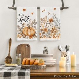 Artoid Mode Watercolor Blätter Kürbisse Blumen Herbst Küchentücher Geschirrtücher, 42x65 cm Hello Fall Deko Polyester Handtücher 4er Set
