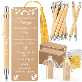 Gilprop 50 Sets Baby Shower Bookmark Favors with 50 Baby Shower Ballpoint Pen and Organza Bags Gender Reveal Gifts for Guest Prizes Girl and Boy Gender Reveal(Kraft,Brown)