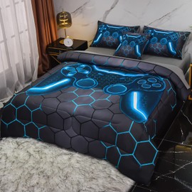 Keyroal 6Pcs Game Console Comforter Set with Sheets for Boys Girls Kids Teens, Geometric Gaming Themed Bed in A Bag Full Size, Blue 3D Video Gamer Controller Bedroom Decor Bedding Set