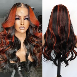 Oxeely Ombre Orange Synthetic Lace Front Wigs Long Wavy Wigs Ginger Highlight Body Wave Wigs Pre Plucked Skunk Stripe Orange Black Wigs Heat Resistant Fiber Hair Ginger Black Wigs for Women Daily Use