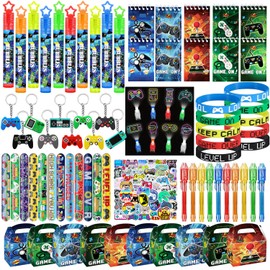 WPAZH 130Pcs Video Game Birthday Party Favor Supplies Decor, Gift Bags Slap Wristbands Keychains Bubbles Finger Lights Stickers for 10Guests Rewards Carvinal Prizes Goodie Box Stuffers