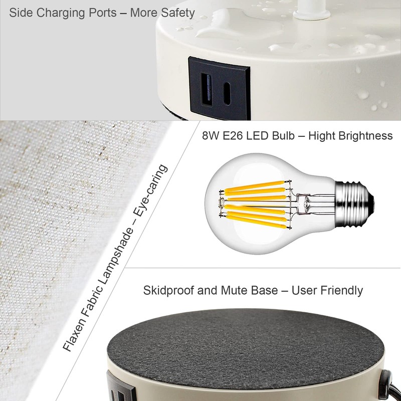 Set of 2 Touch Control Bedside Table Lamps, 3-Way Dimmable