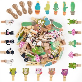 Pack of 40 Small Wooden Pegs, 3.5 cm Mini Wooden Pegs, Decorative Pegs with 4 Designs, Wooden Pegs Small for Photos, Pictures, Collages, Postcards, Gifts