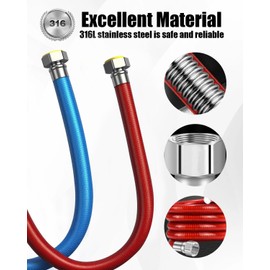 24 Inch Flexible Stainless Steel Water Heater Connector Hose – 1/2" FIP x 1/2" FIP Corrugated Flex Line for Hot & Cold Water, with Red & Blue Markers, 2 Pack