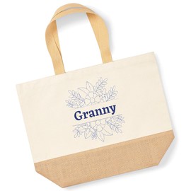 Lovely Grandmother Shopper Bag - Granny Blue Flowers - Jute Canvas X-Large Tote Bag - Mothers Day Nanny Grandma Gran Nan XL natural
