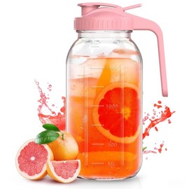Glass Pitcher with Lid, 64 oz Cold Brew Coffee Maker, Wide Mouth Mason Jar with Flip Cap, Blue Handle (Pink)