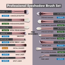 Bueart Design 15Pcs Professional grade Eye Makeup Brushes Set with Real Natural Goat Pony hair,Premium Soft Synthetic Eye shadow brush kit for Eyeshadow Concealer Crease blending Eyebrow, Eyeliner