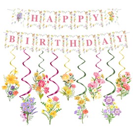 Floral Birthday Party Decorations for Girls, Flower Happy Birthday Banner with Garland Hanging Swirls Multicoloured Wildflower Decorations Set for Women