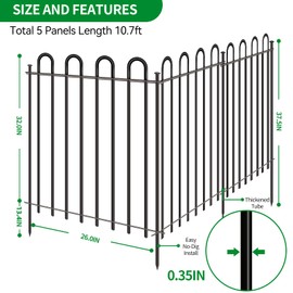 5 Panels Decorative Garden Fence, 32 in (H) x 10.8 ft (L) Metal Thick Tube No Dig Dog Fence Outdoor for Yard, Rustproof Tall Animal Barrier Fencing, Garden Edging Border for Yard, Patio