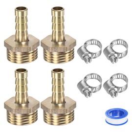 M METERXITY 2-Pack Brass Hose Barb Fittings, 8mm x G1/2 Male Couple Hose Connector with Stainless Steel Hose Clamp & PTFE Tape, Barbed Air Hose Repair Fitting Adapter Kit