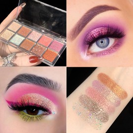 Glitter Eyeshadow Palette, Shimmer Eye Shadow Palette For Women, Long Lasting White Gold Pink Shimmer Eyeshadow Make-Up Palettes, Highly Pigmented Waterproof Blendable Goid Glitter Eye Make-Up Palette