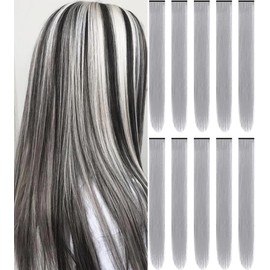Hair Extensions Clip in,22 Inch Colored Hair Extensions Straight Hairpiece,Multi-colors Party Rainbow Long Straight Colored Long Synthetic Hair Extensions for Women Girls (10 PCS - Grey)