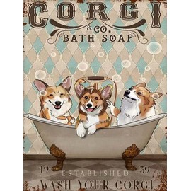 DIY 5D Diamond Painting by Number Kits, Bathroom Wall Art Decor Corgi Bath Soap Wash Your Paws for Adults Full Drill Canvas Picture for Home Wall Decor 12X16 inch
