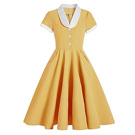 Women 50s 60s Vintage Short Sleeve V-Neck Cocktail Swing Dress Notch Lapel Collar Audrey Hepburn Rockabilly Prom Dress Casual Work Wedding Party Elegant Midi Evening Dress with Pockets Yellow 2XL