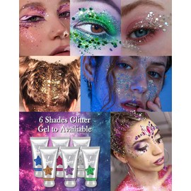 Red Body Glitter Gel, Sparkly Color Changing Under Night Hair Glitter Stick, Long Lasting Non-Sticky Chunky Mermaid Sequins Face Glitter Makeup for Women, Fashion Festival Rave Cosplay Accessories-05