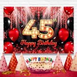Happy 45th Birthday Backdrop Banner Black and Red Theme Background with Neon Shiny Fashion Birthday Party Photo Photography Prop Booth Background for Men Women Celebration 70.8x47.2in-BECKTEN