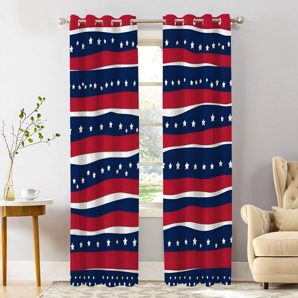 Shrahala American Flag Stripes Blackout Window Curtains, White Stars Red