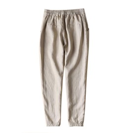 IXIMO Women's Tapered Pants 100% Linen Drawstring Back Elastic Waist Pants Trousers with Pockets Khaki M