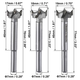 sourcing map Forstner Wood Boring Drill Bits 17mm 18mm 19mm Dia. Hole Saw Carbide Alloy Steel Tip Round Shank Cutting for Hinge Plywood Wood Tool 3in1 Set