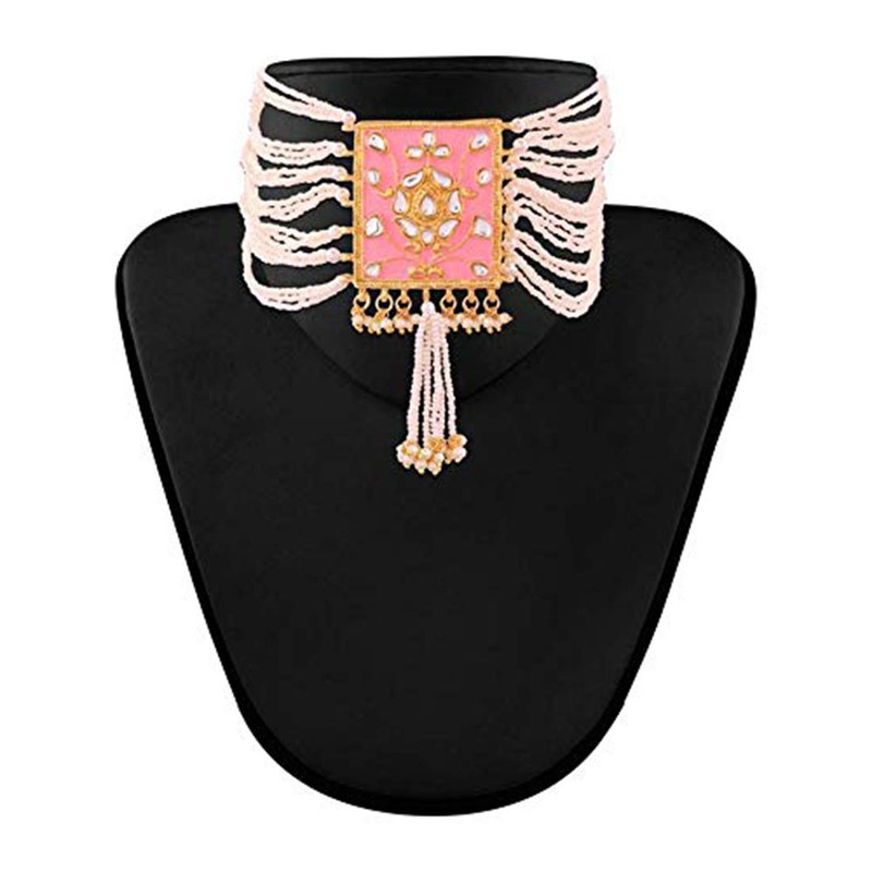 Aheli Indian Traditional Enamel Faux Pearl Strand Collar Aretes Bollywood