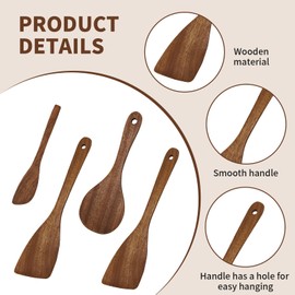 VARKAGE Set of 4 Spatulas Wood Dishwasher Safe, Ebony Wooden Cooking Spoon, Wooden Scraper Kitchen, Wooden Spatula for Cooking, Long Handle, Heat Resistant Wooden Spoon